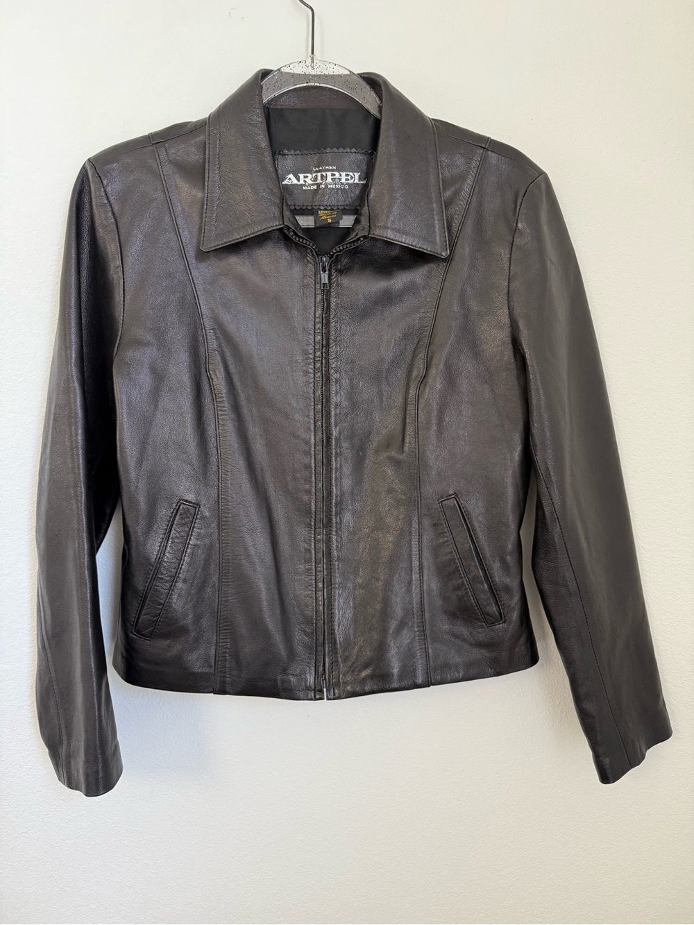 ARTPEL Black Classic Leather Jacket Zip Up Soft Size S